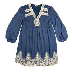 Umgee Blue Swiss Dot Babydoll Dress Lace Trim V Neck‎ Long Sleeve Womens Small